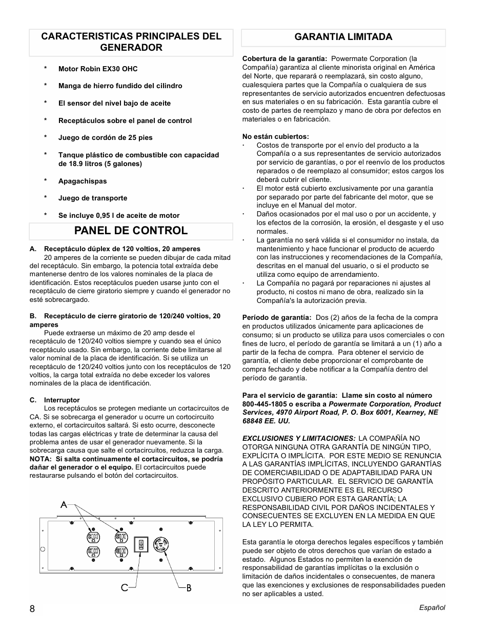 Panel de control | Powermate PMC435000 User Manual | Page 8 / 16