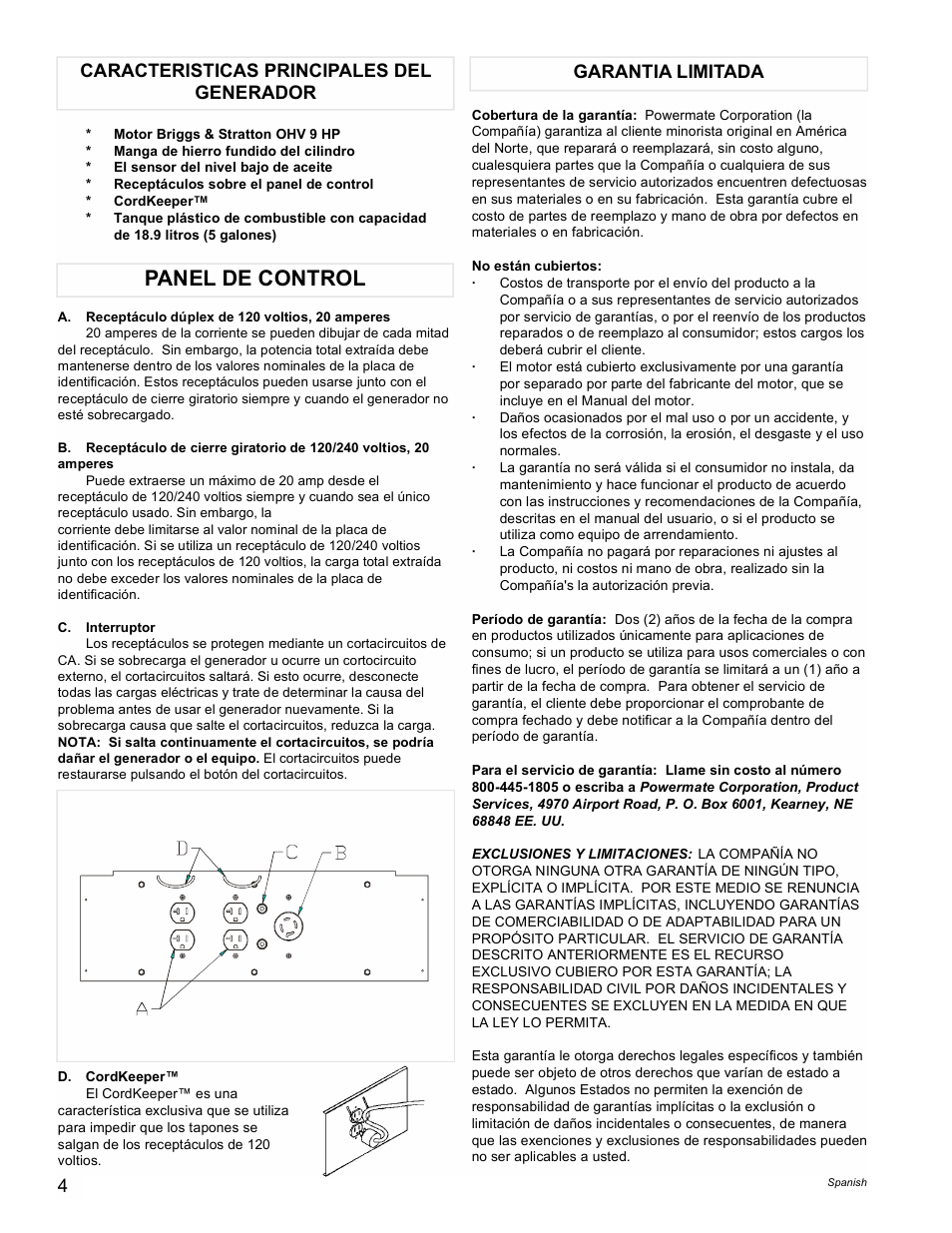 Panel de control | Powermate PMA535202 User Manual | Page 4 / 8