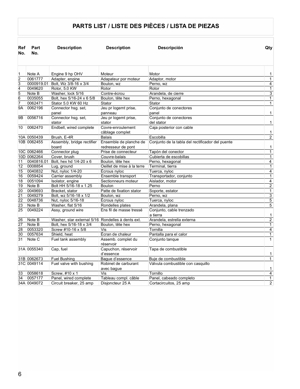 6parts list / liste des pièces / lista de piezas | Powermate PMA535202 User Manual | Page 6 / 8