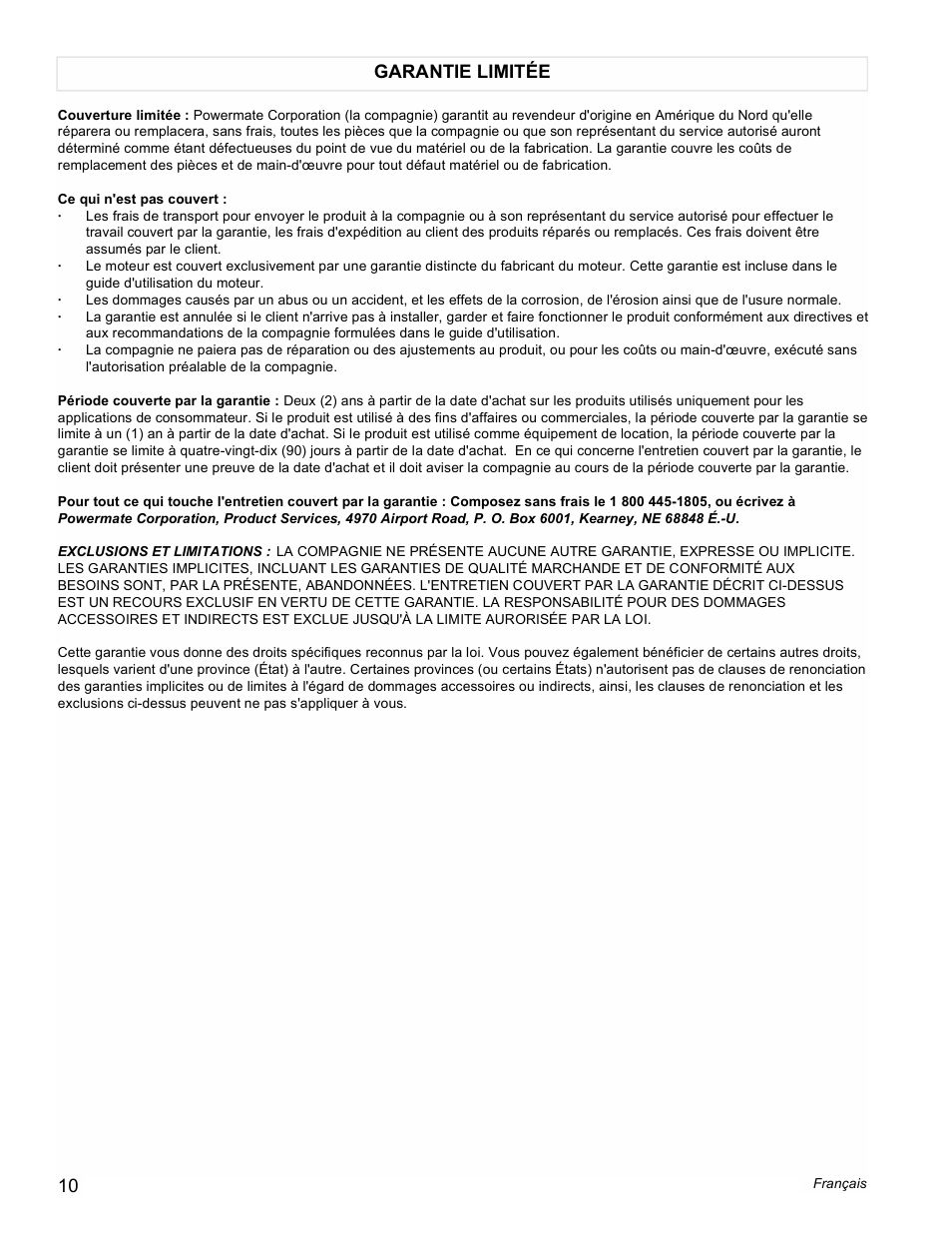 Garantie limitée 10 | Powermate PMC601100 User Manual | Page 10 / 20