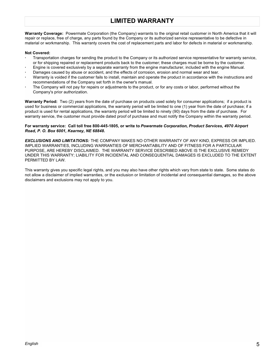 Limited warranty | Powermate PMC601100 User Manual | Page 5 / 20