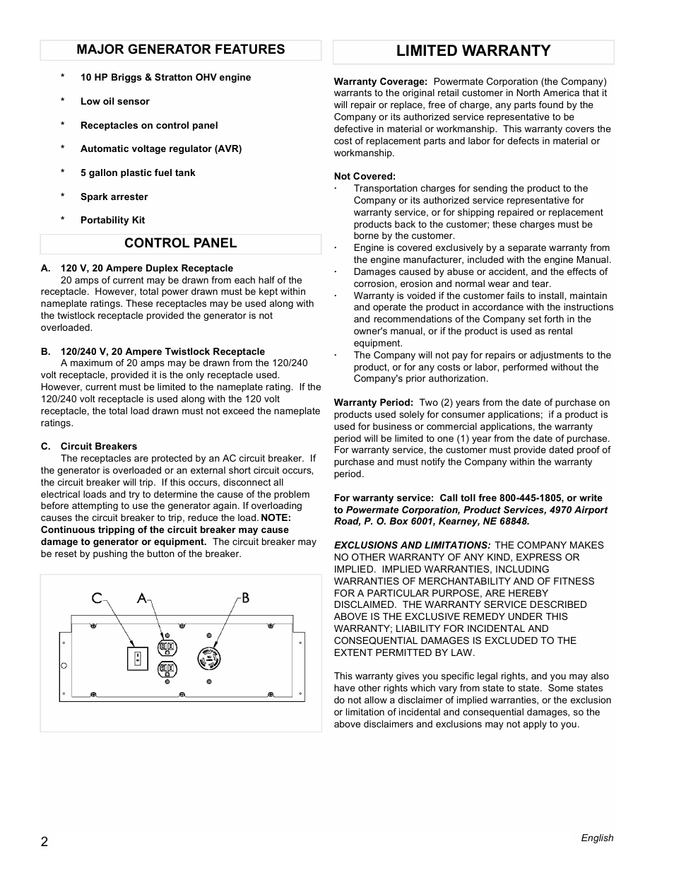 Limited warranty, Control panel major generator features | Powermate PC0545006 User Manual | Page 2 / 12