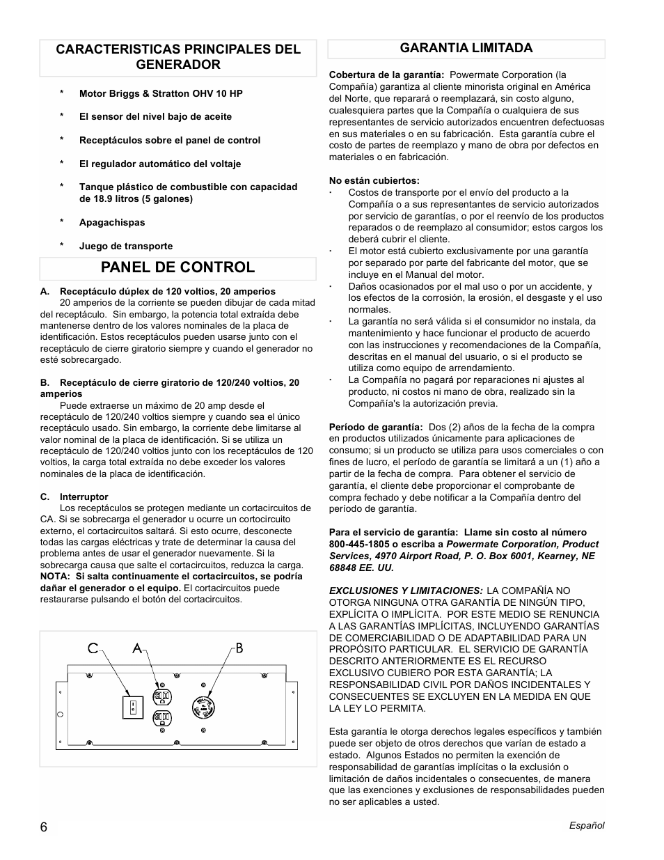 Panel de control | Powermate PC0545006 User Manual | Page 6 / 12