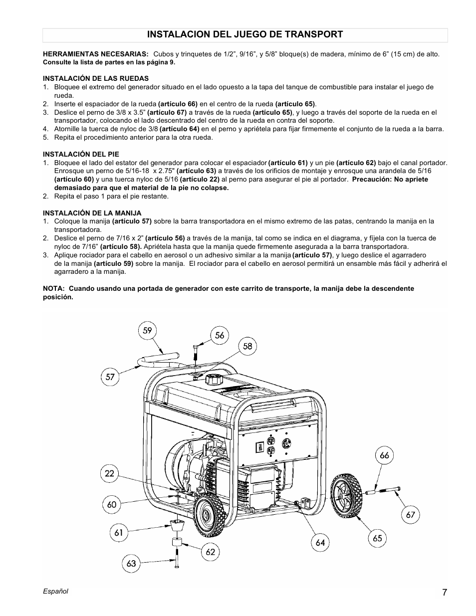 Instalacion del juego de transport | Powermate PC0545006 User Manual | Page 7 / 12