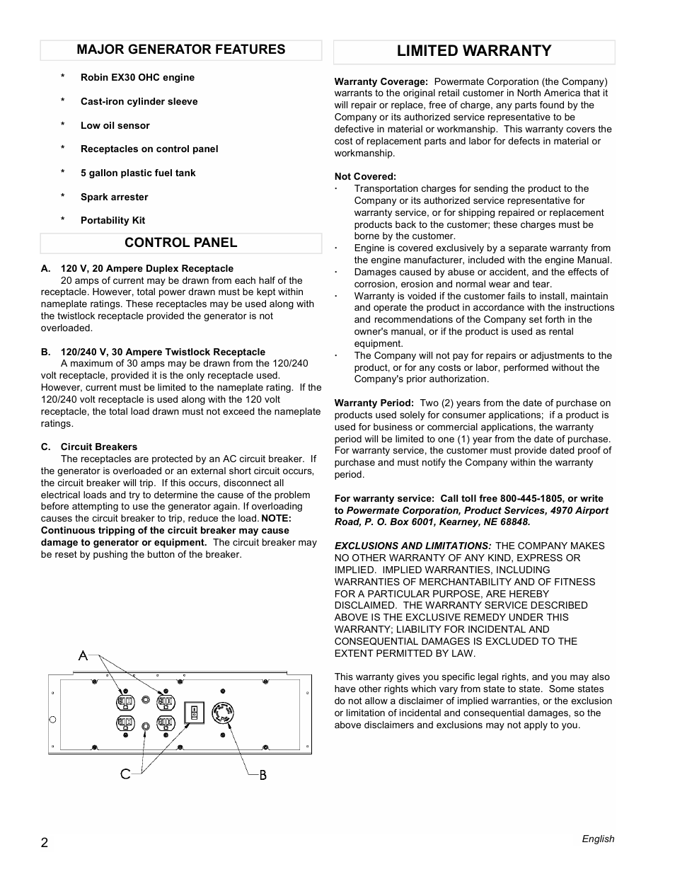 Limited warranty, Control panel major generator features | Powermate Black Max PMC435250 User Manual | Page 2 / 16