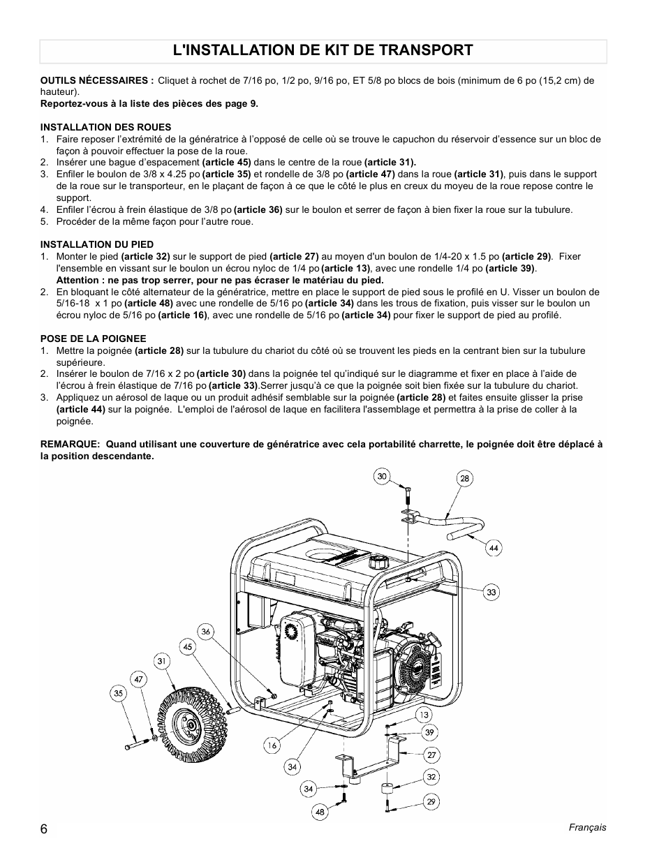 L'installation de kit de transport | Powermate Black Max PMC435250 User Manual | Page 6 / 16