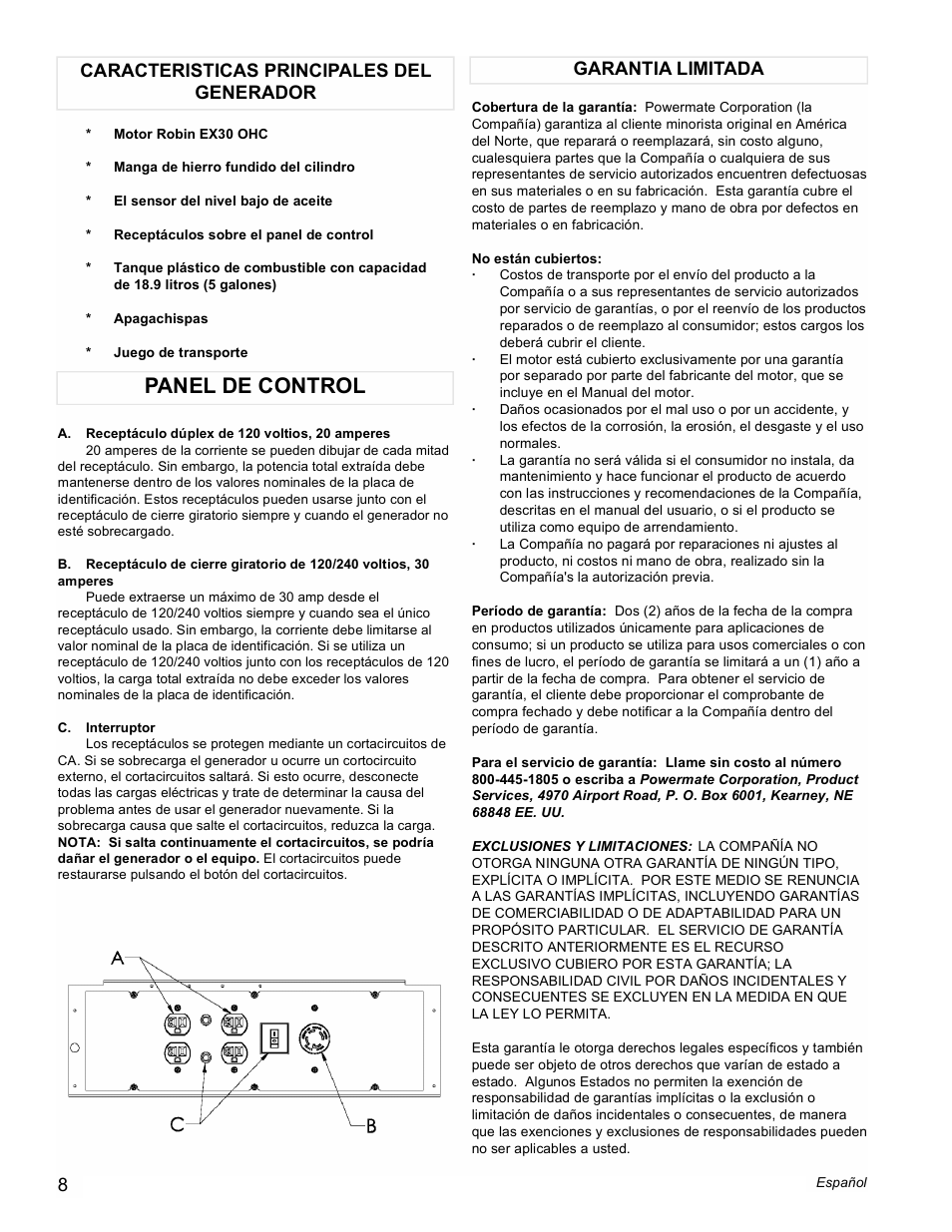 Panel de control | Powermate Black Max PMC435250 User Manual | Page 8 / 16