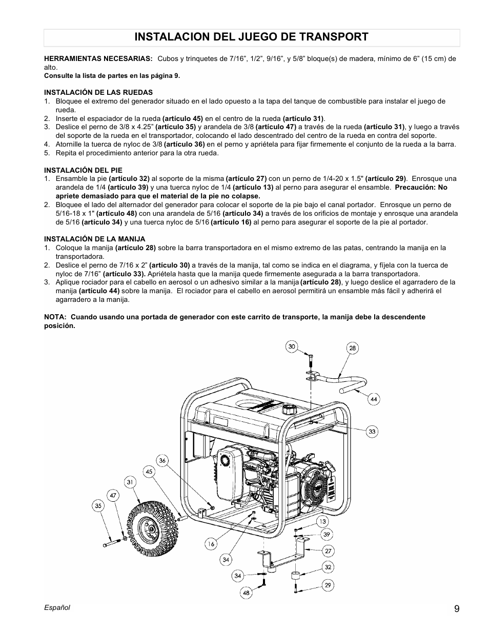 Instalacion del juego de transport | Powermate Black Max PMC435250 User Manual | Page 9 / 16