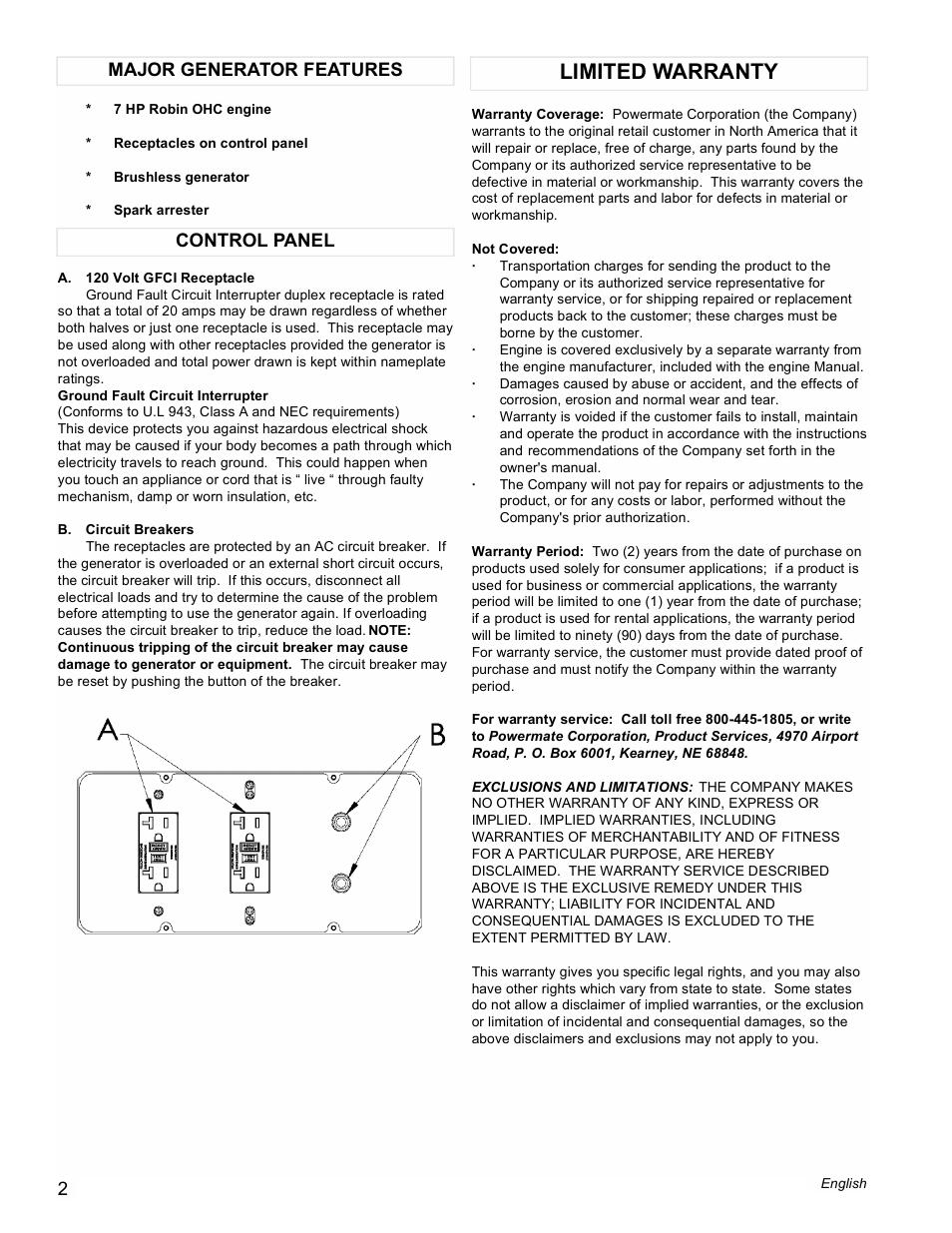 Limited warranty, Control panel major generator features | Powermate PMC603250 User Manual | Page 2 / 12