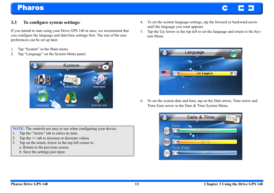 3 to configure system settings, Pharos | Pharos Science & Applications 140 User Manual | Page 13 / 37