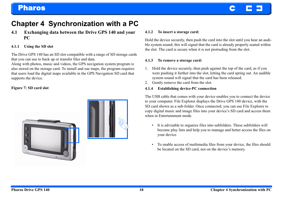 Chapter 4 synchronization with a pc, 1 using the sd slot, 2 to insert a storage card | 3 to remove a storage card, 4 establishing device-pc connection, Pharos chapter 4 synchronization with a pc | Pharos Science & Applications 140 User Manual | Page 18 / 37