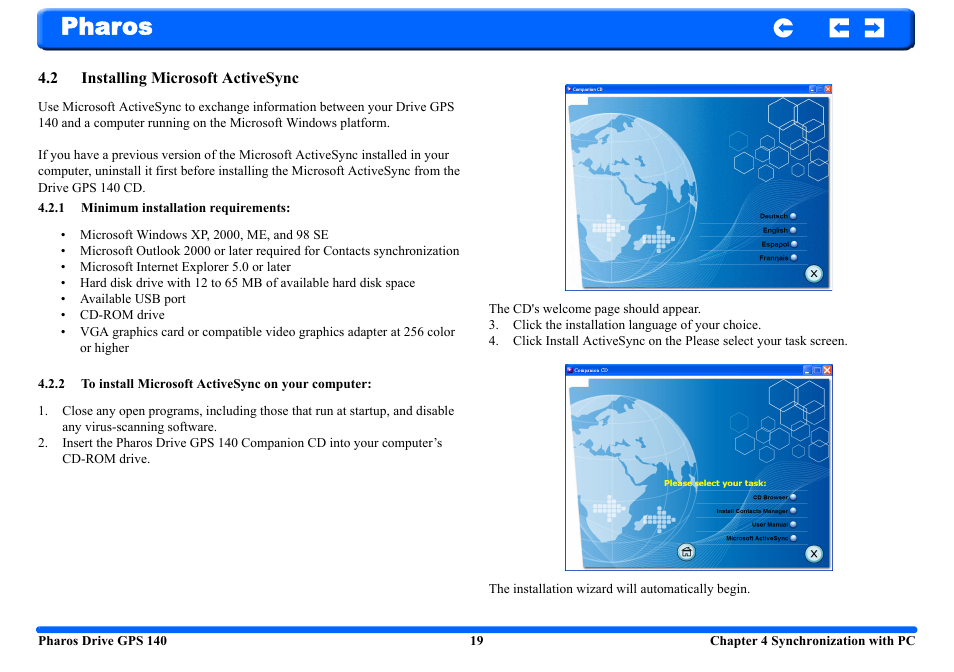 2 installing microsoft activesync, 1 minimum installation requirements, 2 to install microsoft activesync on your computer | Pharos | Pharos Science & Applications 140 User Manual | Page 19 / 37