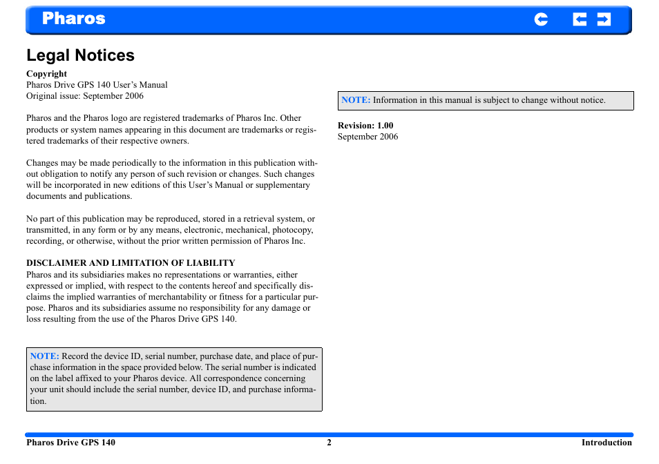 Pharos legal notices | Pharos Science & Applications 140 User Manual | Page 2 / 37