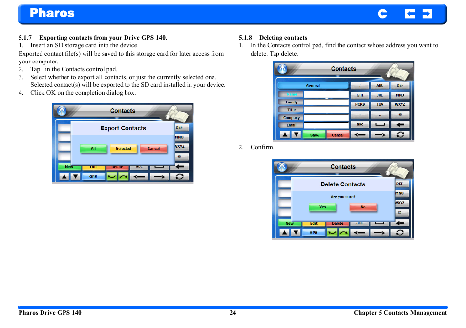 7 exporting contacts from your drive gps 140, 8 deleting contacts, Pharos | Pharos Science & Applications 140 User Manual | Page 24 / 37