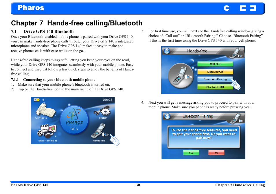 Chapter 7 hands-free calling/bluetooth, 1 drive gps 140 bluetooth, 1 connecting to your bluetooth mobile phone | Pharos chapter 7 hands-free calling/bluetooth | Pharos Science & Applications 140 User Manual | Page 30 / 37