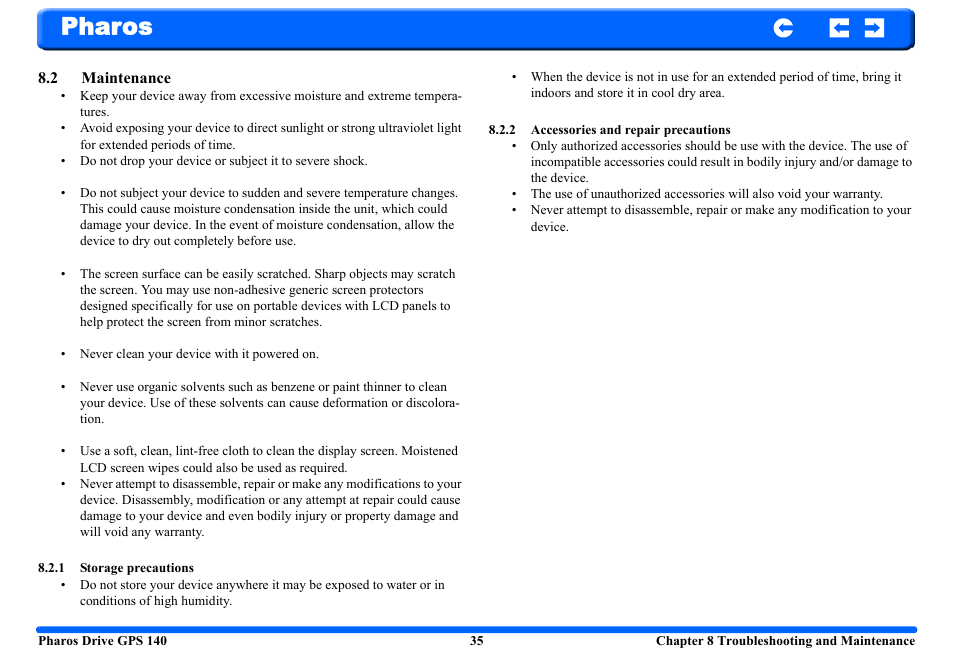 2 maintenance, 1 storage precautions, 2 accessories and repair precautions | Pharos | Pharos Science & Applications 140 User Manual | Page 35 / 37