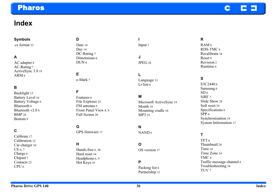 Symbols, Pharos index | Pharos Science & Applications 140 User Manual | Page 36 / 37