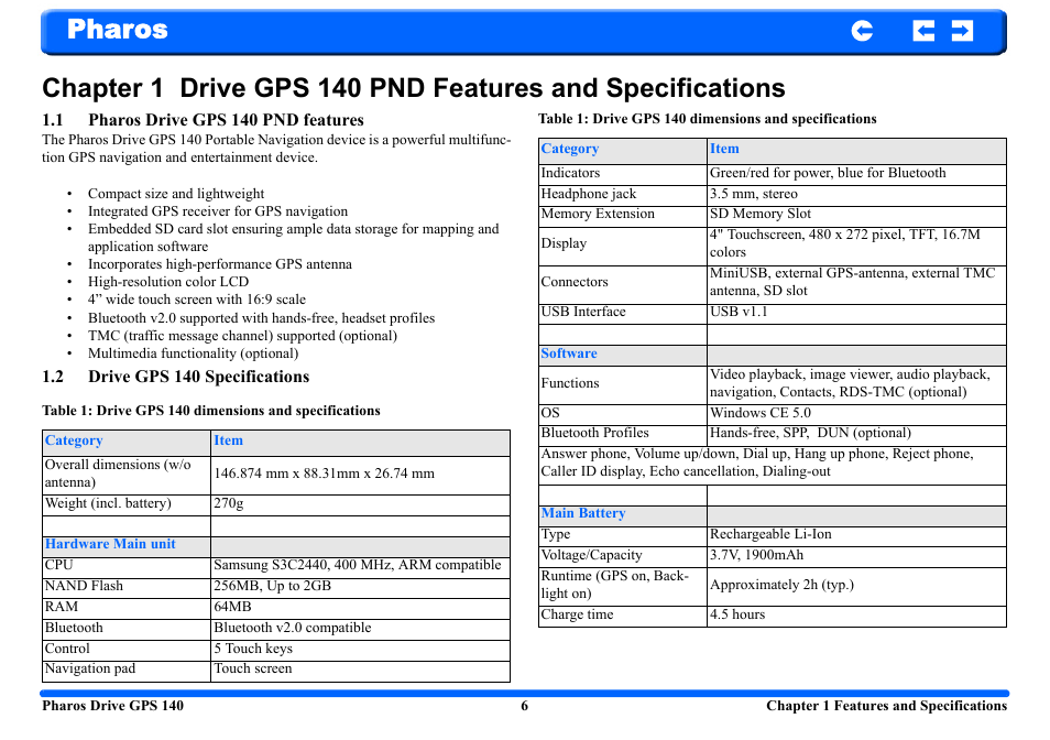 1 pharos drive gps 140 pnd features, 2 drive gps 140 specifications | Pharos Science & Applications 140 User Manual | Page 6 / 37