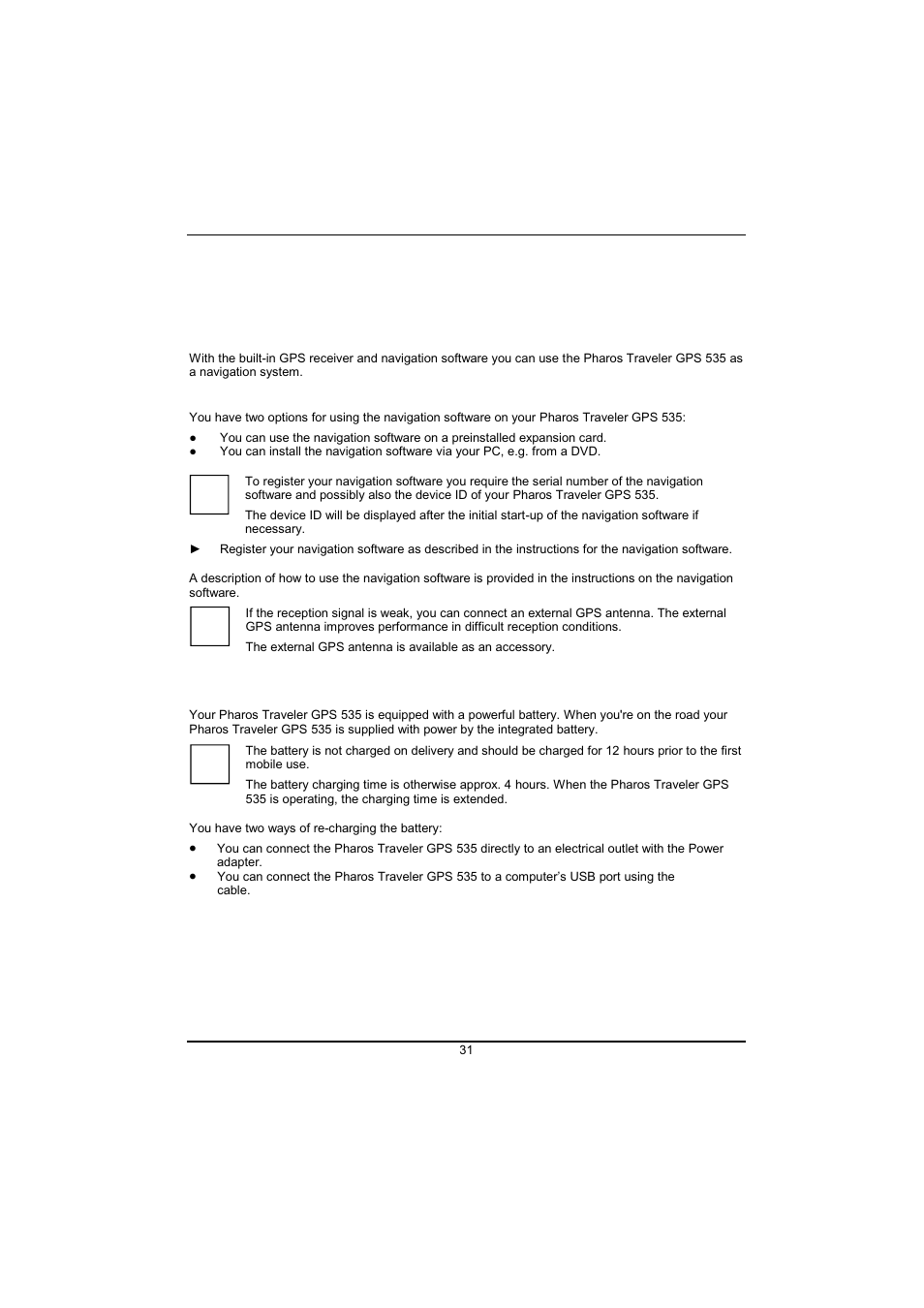 Underway with the pharos traveler gps 535, Using gps, Charging the battery | Pharos Science & Applications 535 User Manual | Page 33 / 51