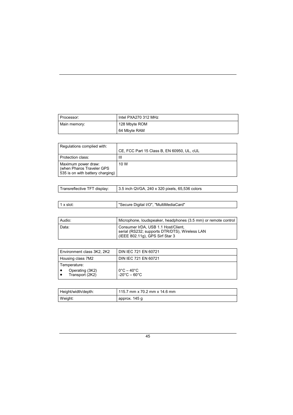 Technical data, Pharos traveler gps 535 | Pharos Science & Applications 535 User Manual | Page 47 / 51
