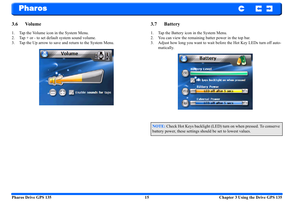 6 volume, 7 battery, 6 volume 3.7 battery | Pharos | Pharos Science & Applications 135 User Manual | Page 15 / 26