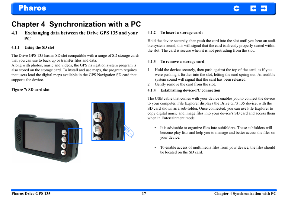 Chapter 4 synchronization with a pc, 1 using the sd slot, 2 to insert a storage card | 3 to remove a storage card, 4 establishing device-pc connection, Pharos chapter 4 synchronization with a pc | Pharos Science & Applications 135 User Manual | Page 17 / 26