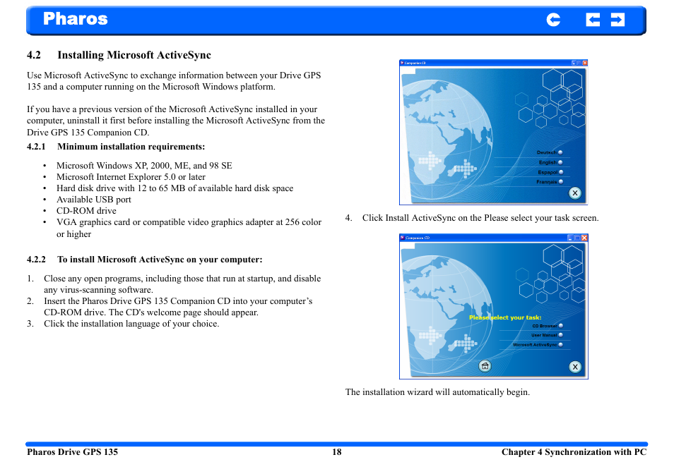 2 installing microsoft activesync, 1 minimum installation requirements, 2 to install microsoft activesync on your computer | Pharos | Pharos Science & Applications 135 User Manual | Page 18 / 26