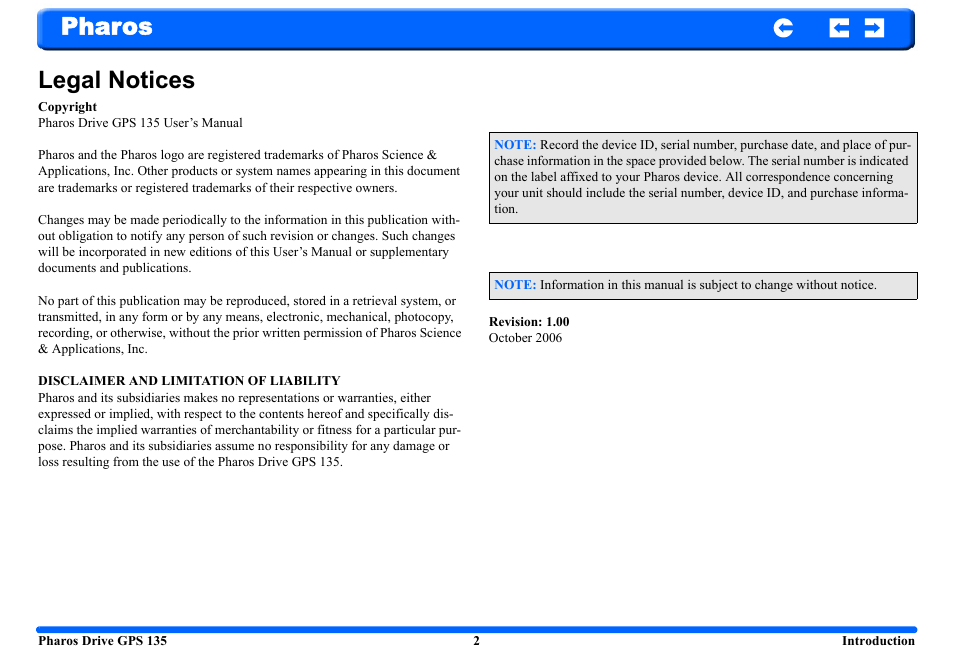 Pharos legal notices | Pharos Science & Applications 135 User Manual | Page 2 / 26
