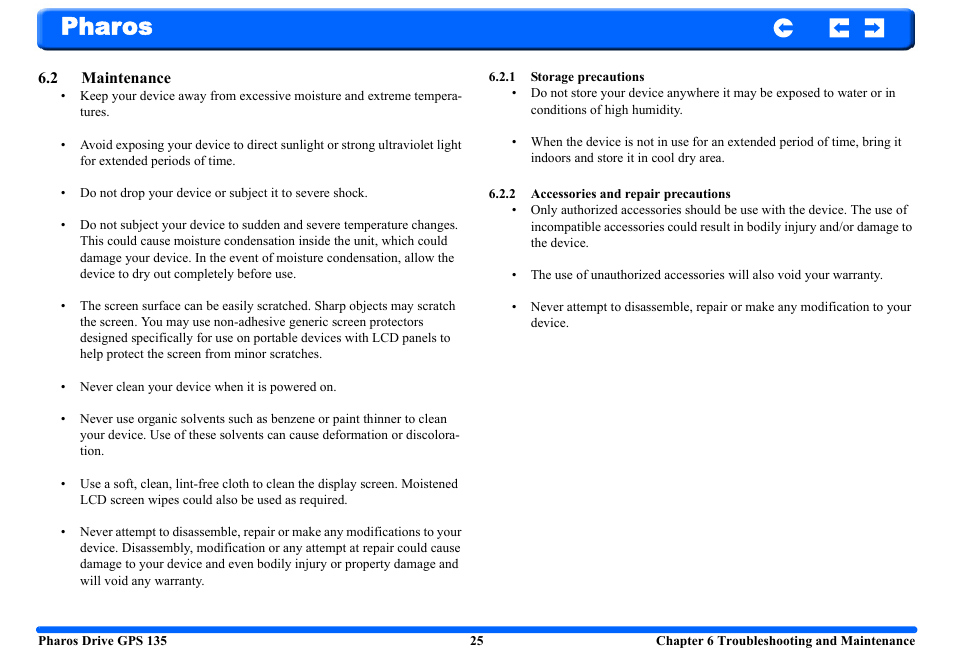 2 maintenance, 1 storage precautions, 2 accessories and repair precautions | Pharos | Pharos Science & Applications 135 User Manual | Page 25 / 26