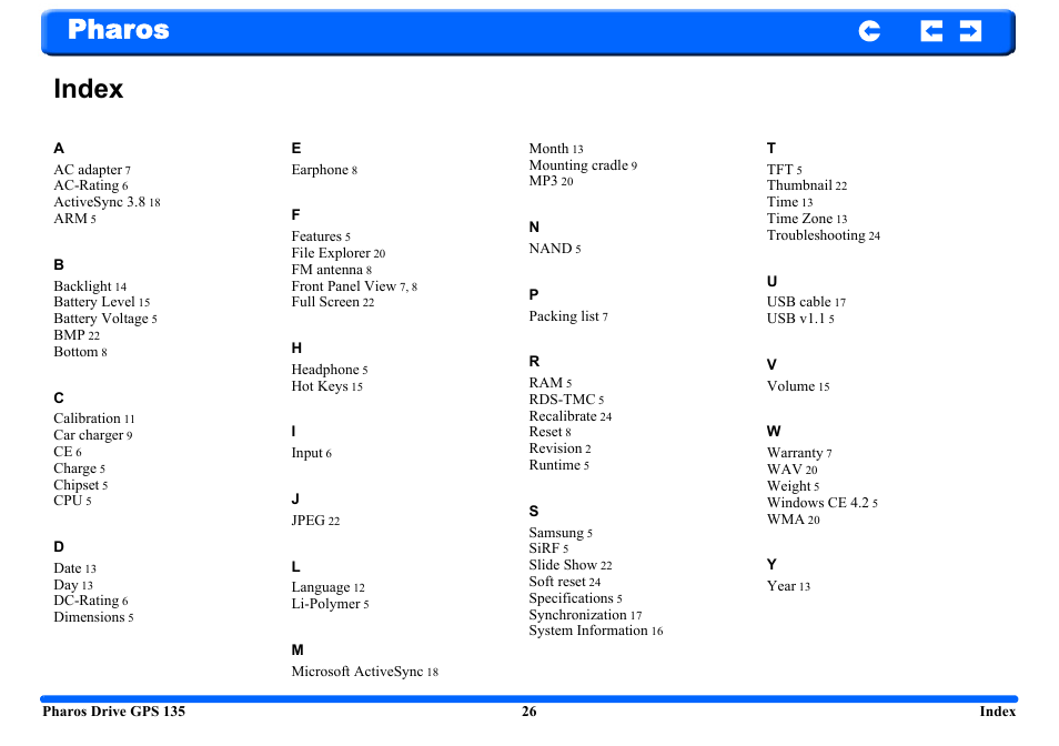 Index, Pharos index | Pharos Science & Applications 135 User Manual | Page 26 / 26