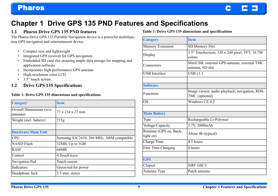 1 pharos drive gps 135 pnd features, 2 drive gps 135 specifications | Pharos Science & Applications 135 User Manual | Page 5 / 26