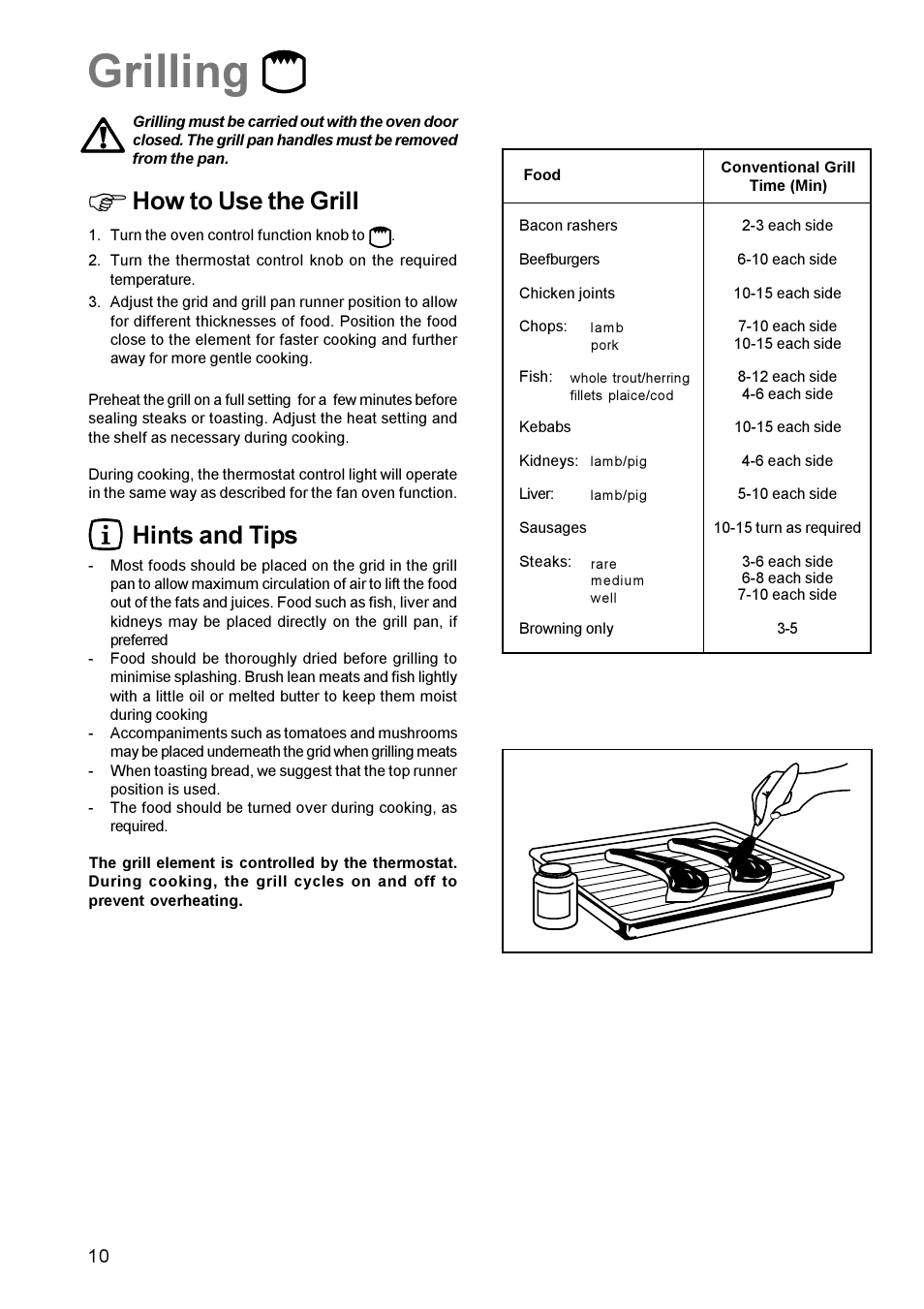 Grilling, How to use the grill, Hints and tips | Parkinson Cowan Mixed Fuel Cooker CSIM 509 User Manual | Page 10 / 24