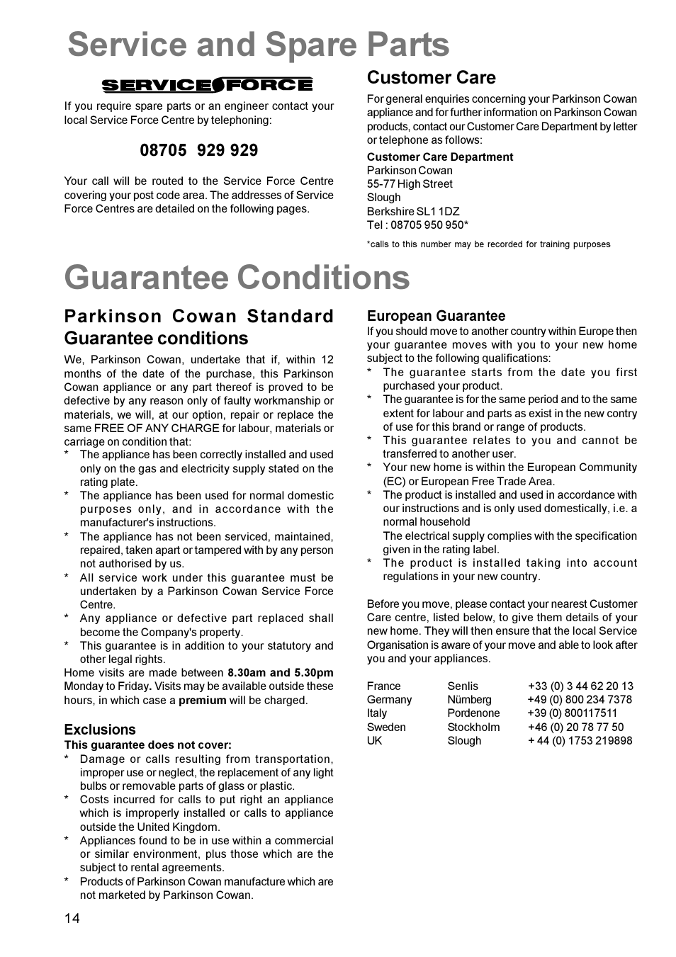 Service and spare parts guarantee conditions, Parkinson cowan standard guarantee conditions, Customer care | Parkinson Cowan Mixed Fuel Cooker CSIM 509 User Manual | Page 14 / 24