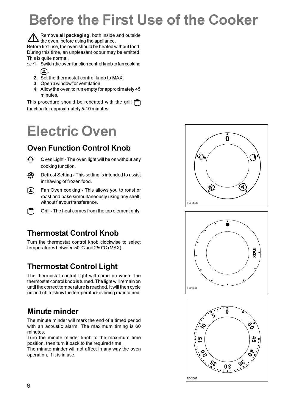 Electric oven, Before the first use of the cooker, Oven function control knob | Thermostat control knob, Thermostat control light, Minute minder | Parkinson Cowan Mixed Fuel Cooker CSIM 509 User Manual | Page 6 / 24