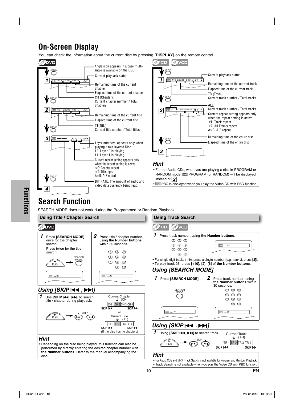 On-screen display, Search function, Functions | Hint, Using [search mode, Using [skip | Philco Crafts PVD1000 User Manual | Page 10 / 20