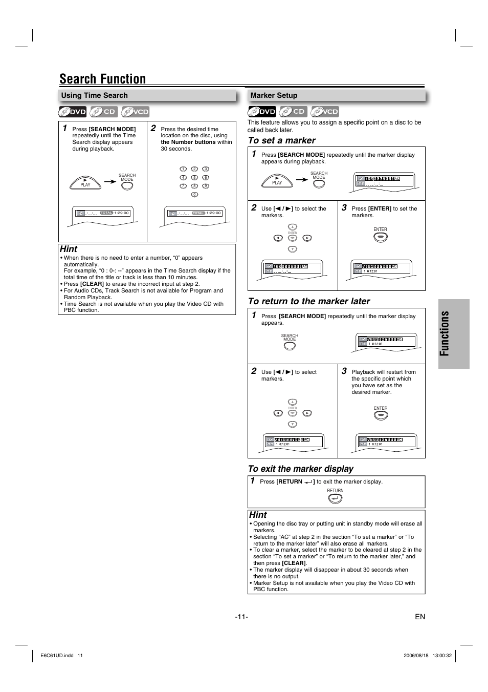 Search function, Functions, Hint | Philco Crafts PVD1000 User Manual | Page 11 / 20