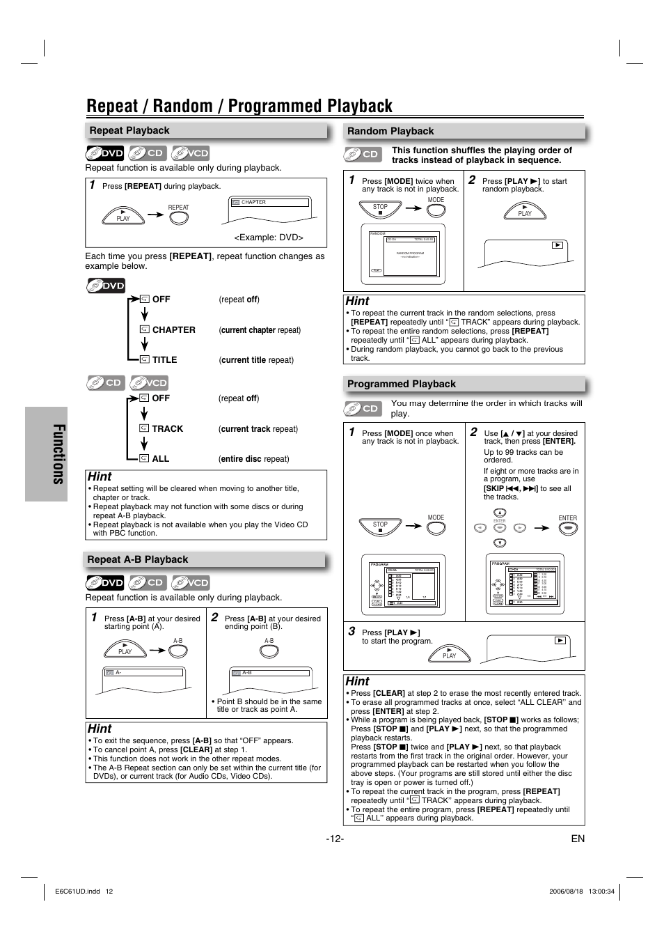 Repeat / random / programmed playback, Functions, Hint | Philco Crafts PVD1000 User Manual | Page 12 / 20