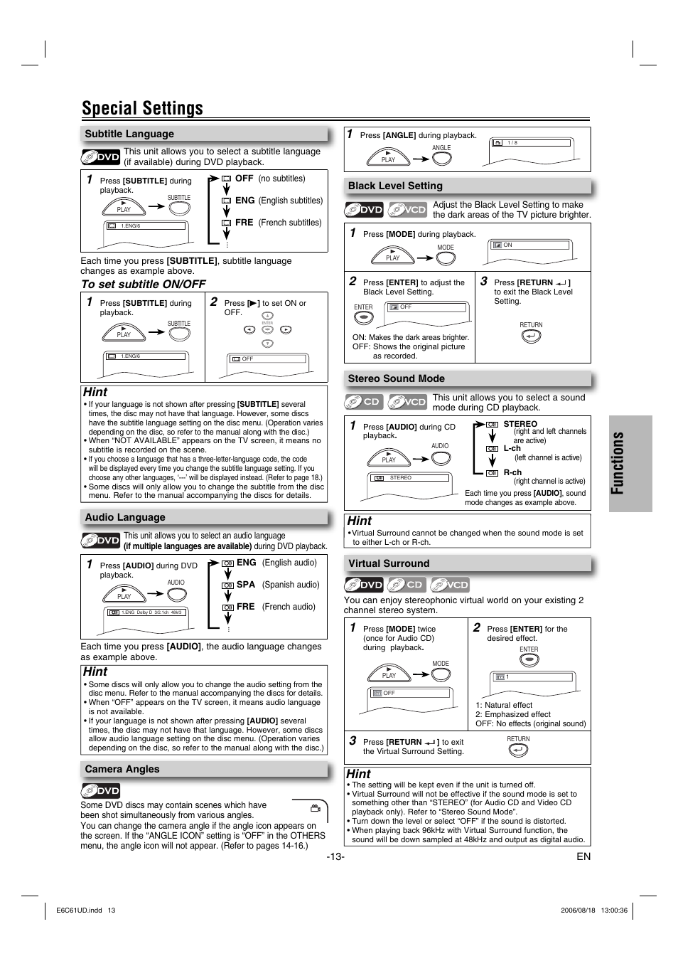 Special settings, Functions, Hint | Philco Crafts PVD1000 User Manual | Page 13 / 20