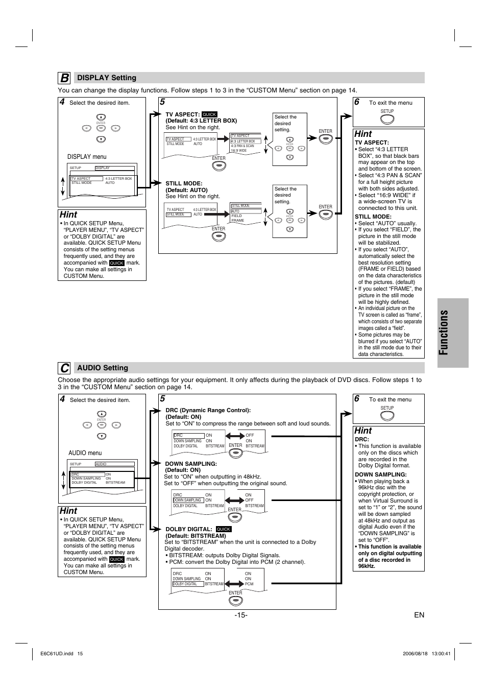 Functions, 5hint, Hint | Display setting, Audio setting | Philco Crafts PVD1000 User Manual | Page 15 / 20