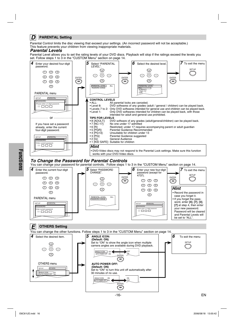 Functions, Hint, Parental levels | Parental setting, Others setting | Philco Crafts PVD1000 User Manual | Page 16 / 20