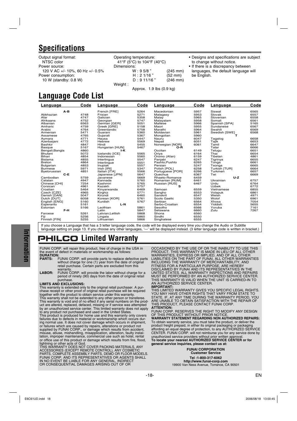 Limited warranty, Language code list, Specifications | Information | Philco Crafts PVD1000 User Manual | Page 18 / 20