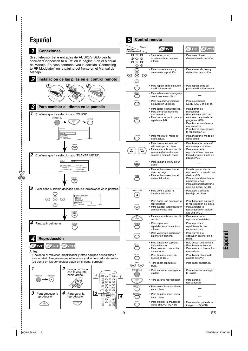 Español, Conexiones, Para cambiar el idioma en la pantalla | Reproducción, Instalación de las pilas en el control remoto, Control remoto | Philco Crafts PVD1000 User Manual | Page 19 / 20