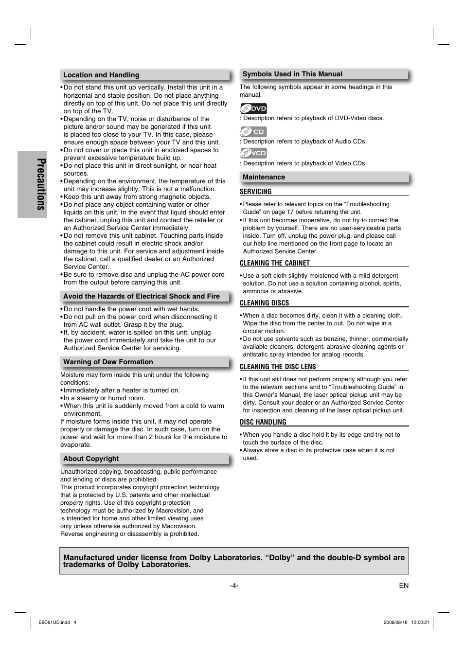 Precautions | Philco Crafts PVD1000 User Manual | Page 4 / 20