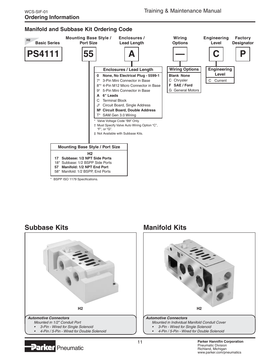 Manifold and subbase kit, Subbase kits manifold kits, Pneumatic | Training & maintenance manual | Parker  Products WCS-SIF-01 User Manual | Page 11 / 20