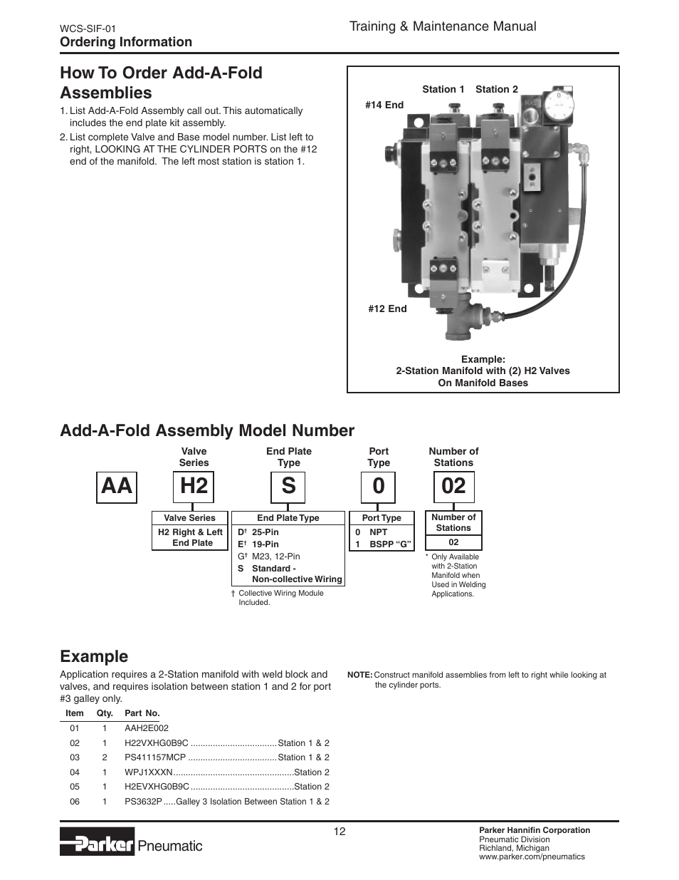 How to order, Model number, Aa h2 s 0 02 | How to order add-a-fold assemblies, Example, Add-a-fold assembly model number, Pneumatic, Training & maintenance manual, Ordering information | Parker  Products WCS-SIF-01 User Manual | Page 12 / 20