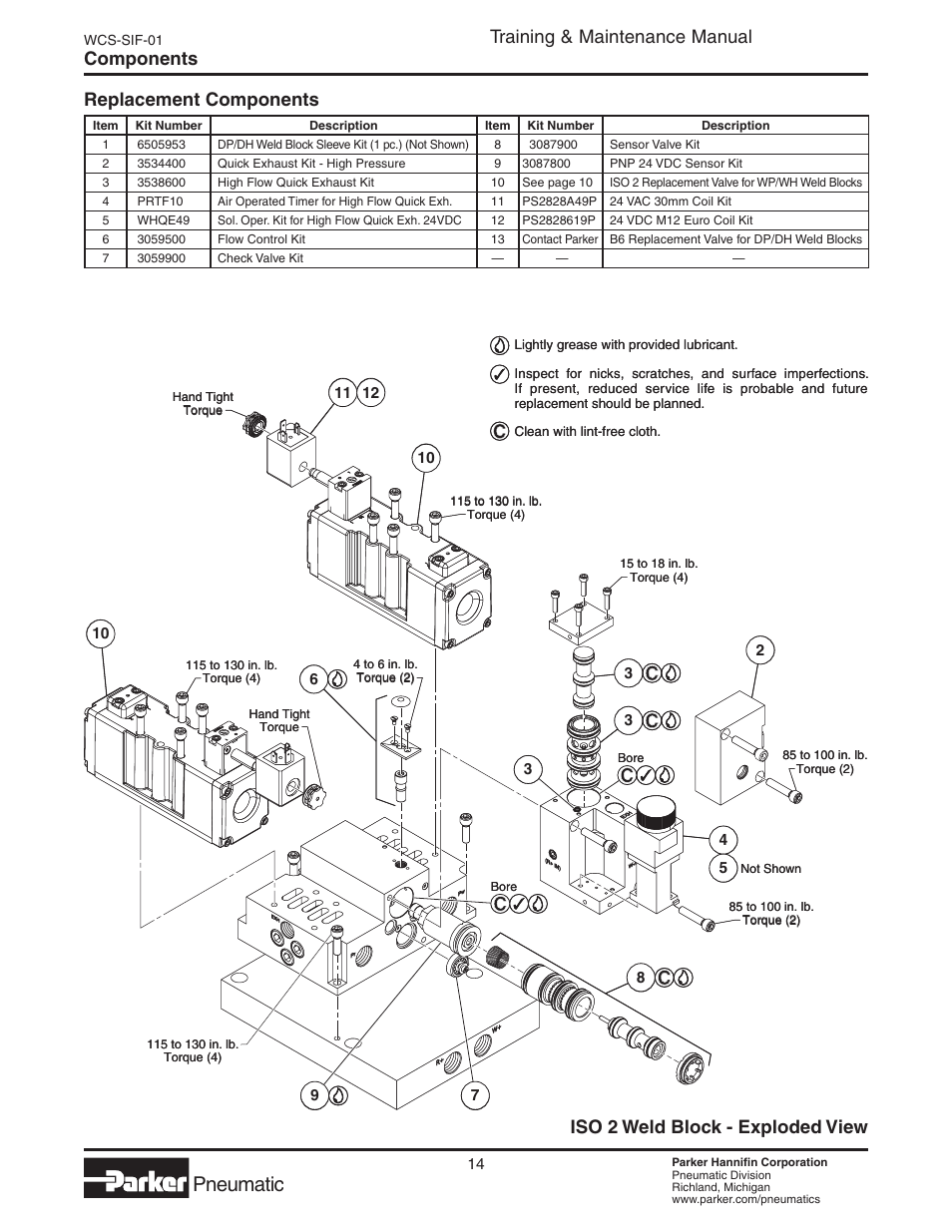 Replacement components, Pneumatic, Training & maintenance manual | Components, Iso 2 weld block - exploded view | Parker  Products WCS-SIF-01 User Manual | Page 14 / 20