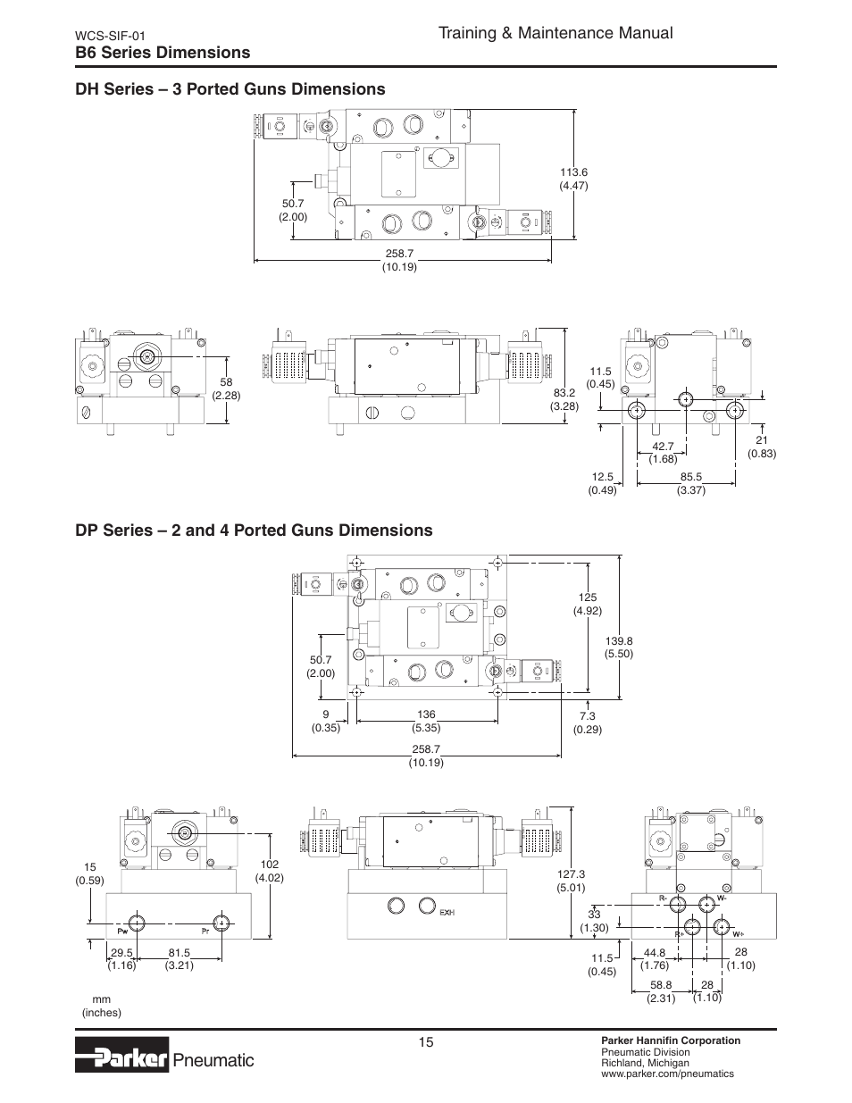 Dimensions, B6 series, Pneumatic | Training & maintenance manual, B6 series dimensions | Parker  Products WCS-SIF-01 User Manual | Page 15 / 20