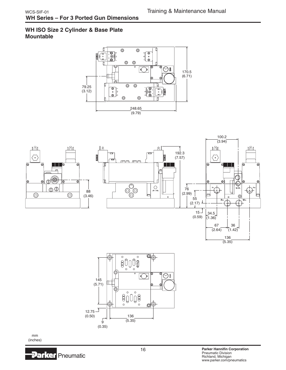 Wh series, Pneumatic, Training & maintenance manual | Wh series – for 3 ported gun dimensions, Wh iso size 2 cylinder & base plate mountable, Wcs-sif-01 | Parker  Products WCS-SIF-01 User Manual | Page 16 / 20
