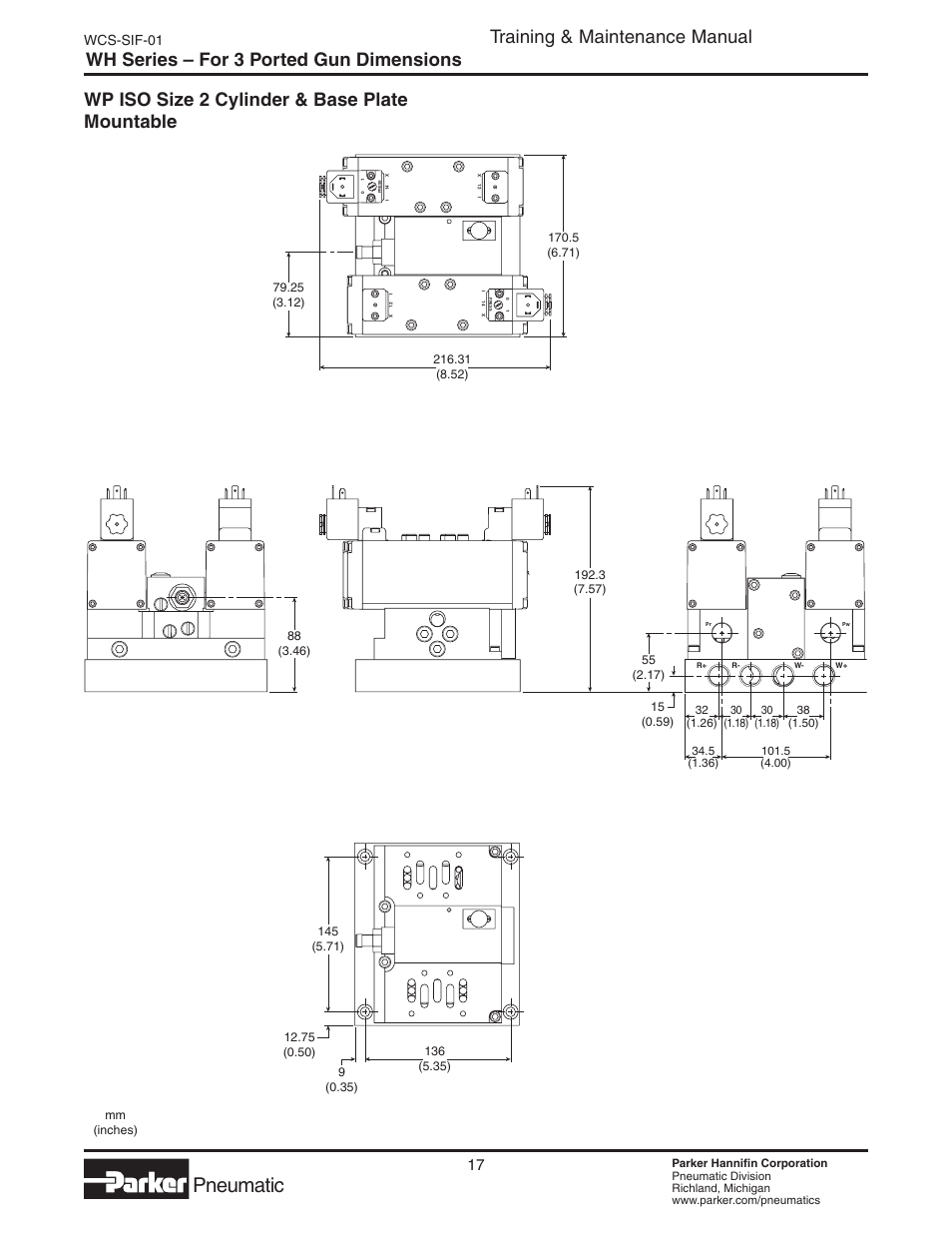 Wp series, Pneumatic, Training & maintenance manual | Wh series – for 3 ported gun dimensions, Wp iso size 2 cylinder & base plate mountable, Wcs-sif-01 | Parker  Products WCS-SIF-01 User Manual | Page 17 / 20