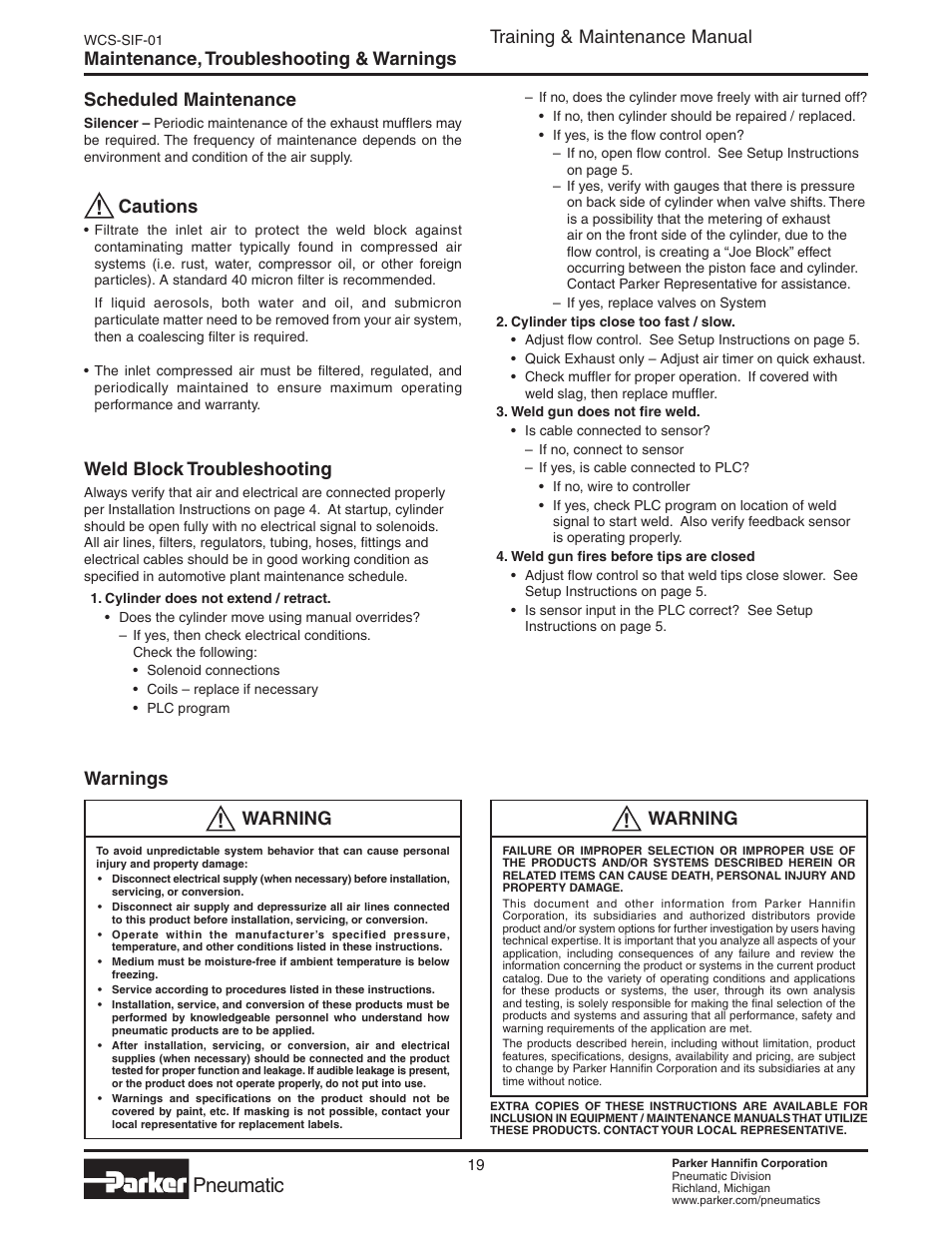 Maintenance, troubleshooting, Warnings, Pneumatic | Training & maintenance manual, Cautions, Weld block troubleshooting, Warning | Parker  Products WCS-SIF-01 User Manual | Page 19 / 20